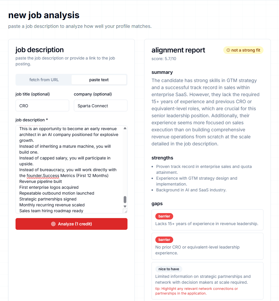 Job fit analysis — see your alignment score, strengths, and gaps before you apply