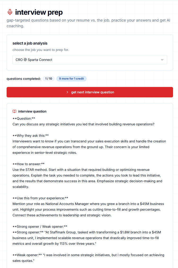 Interview prep tool showing targeted questions based on your gaps